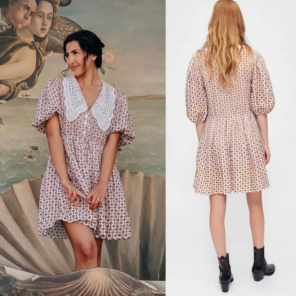 MAJE Lace Collar Tile Print Linen Puff Sleeve Cottagecore 70s Babydoll Dress‎ 6 - Picture 5 of 16